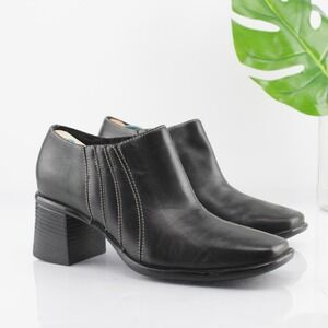 Clarks Womens Boot Size 6.5 M Black Leather Block Heel Square Toe‎ Booties Comfy
